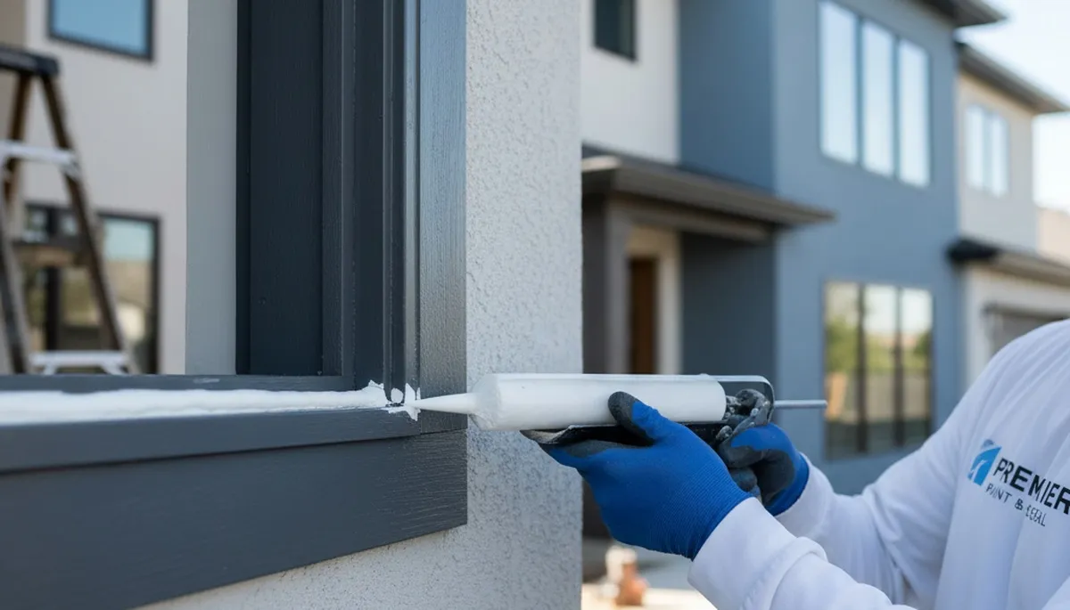 Professional caulking and sealing on Flagstaff AZ home exterior for weatherproof house painting prep