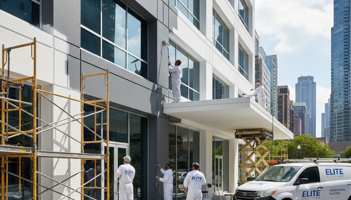 Professional commercial painters coating business exterior in Flagstaff, AZ for durable UV protection