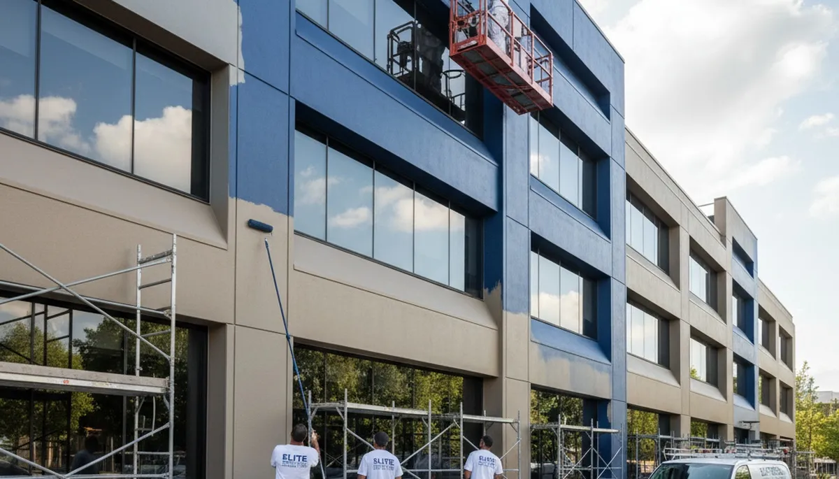 Professional commercial painters coating office exterior in Flagstaff, AZ for durable high-altitude finish