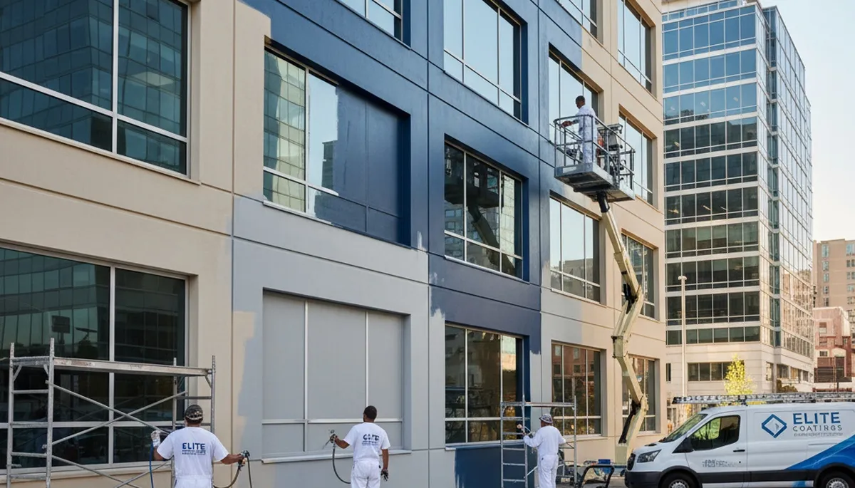Professional painters coating commercial building exterior in Flagstaff AZ for durable UV-resistant finish