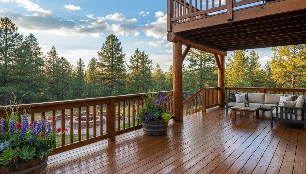 Finished deck staining in Flagstaff AZ showcasing rich wood tone and weather-protected outdoor surface