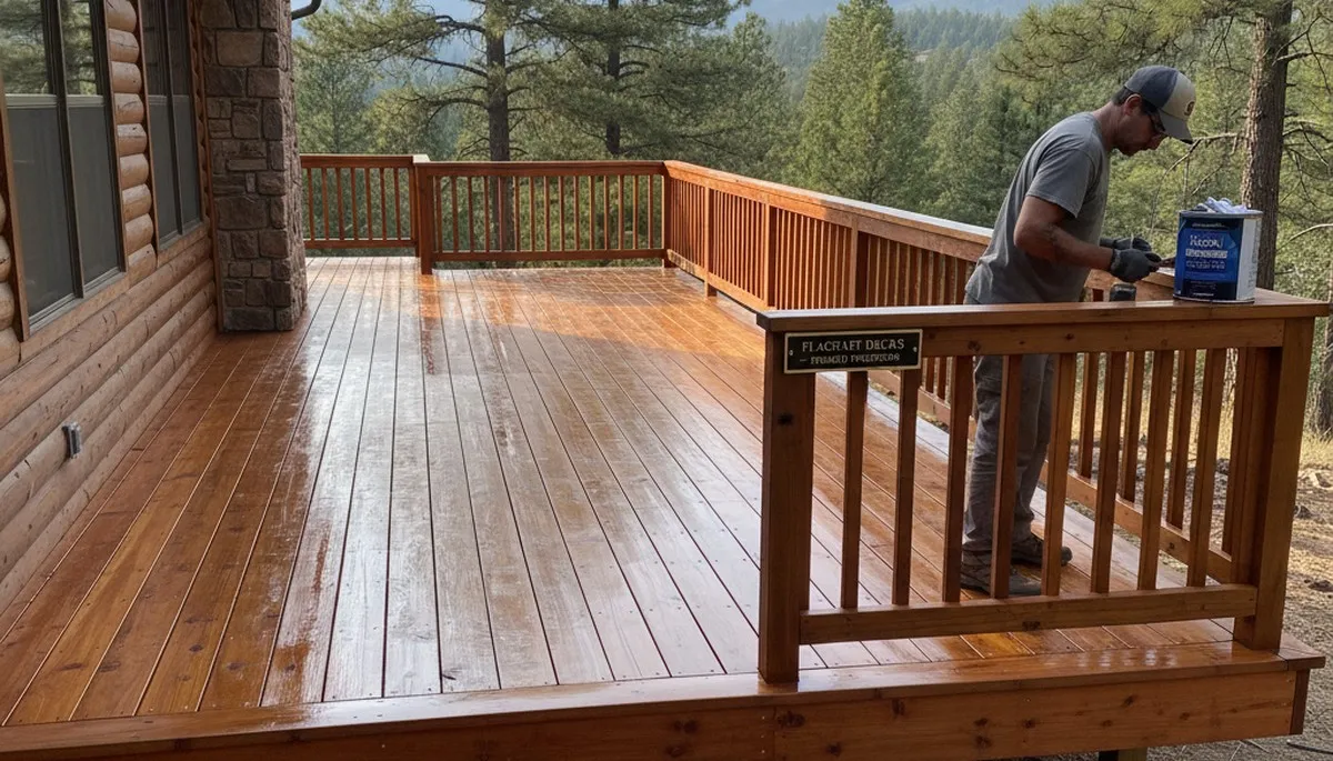 Professional deck staining in Flagstaff AZ enhancing wood grain with UV and moisture protection