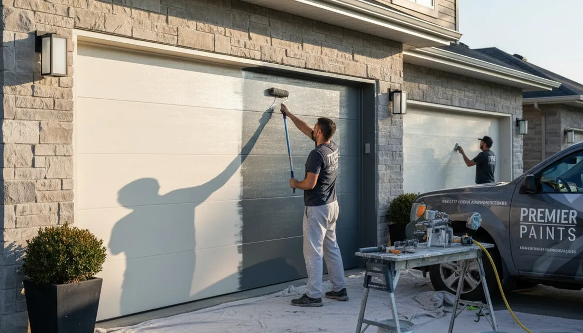 Professional painters applying durable garage door paint finish in Flagstaff, AZ home exterior