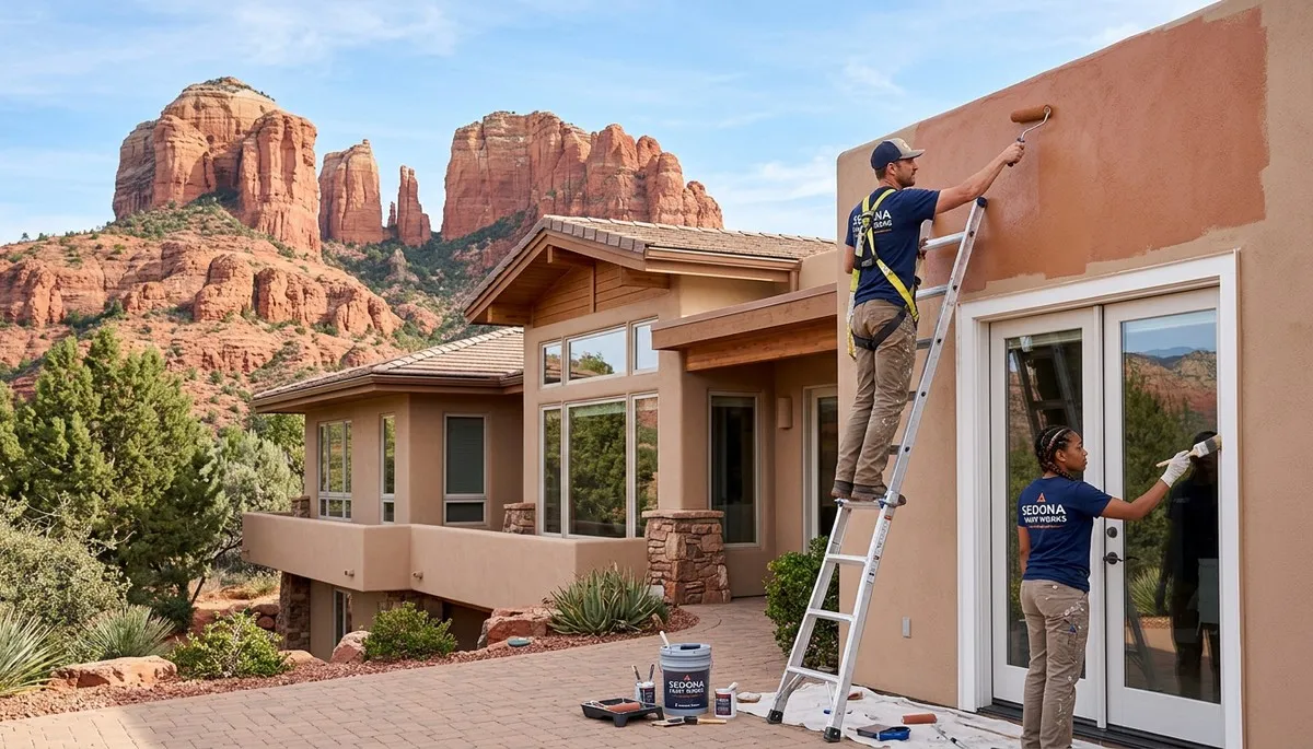 Professional house painters in Flagstaff AZ applying fresh exterior paint to a residential home