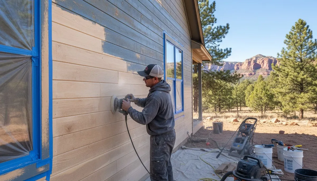 Painter sanding exterior siding for new coatings during surface prep in Flagstaff, AZ